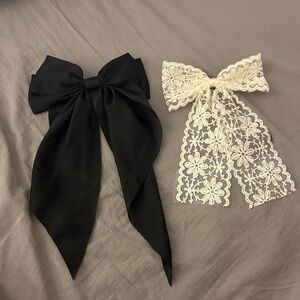 Black Satin Bow Hair Clip & Cream Lace Bow Set - Women Accessories
